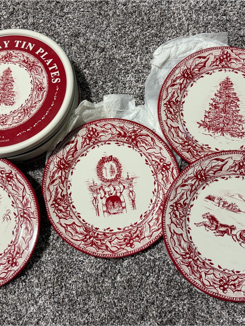 Restoration Hardware Red Holiday Pattern tin Dinner Plates - Set of 4